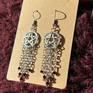 Mystical Silver Pentagram Chain Earrings